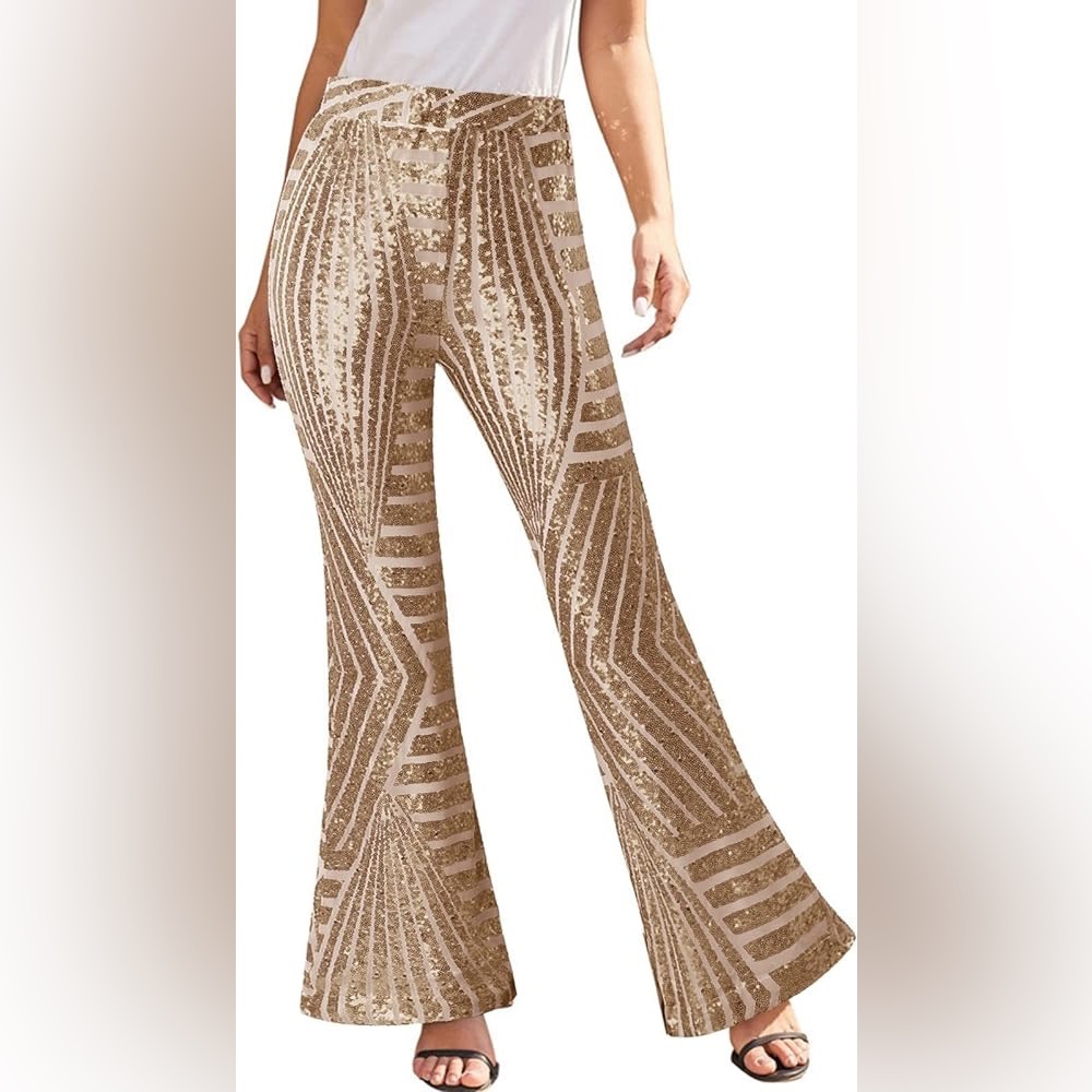 Sequin High-Waist Flare Pants - Gold